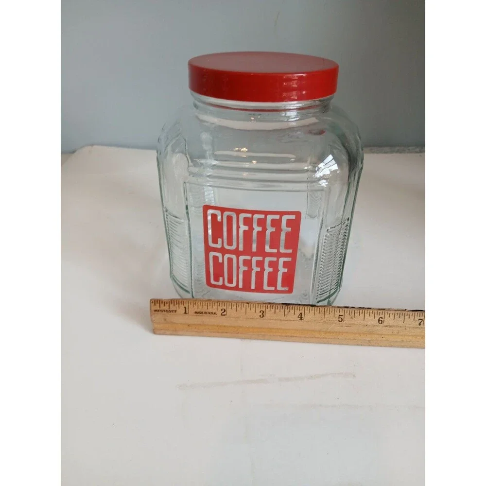 Vintage Hoosier Cabinet Glass Canister COFFEE Jar w/ Lid Red Letters